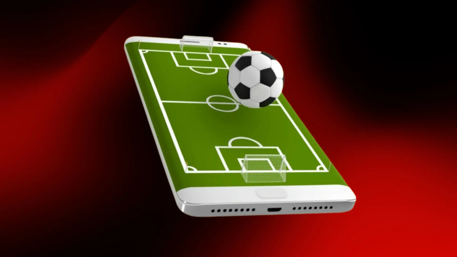 Imagem ilustrativa de um celular com uma tela que mostra um campo de futebol, com uma bola em 3D fazendo relação ao tema Handicap: o que é e como funciona em apostas esportivas