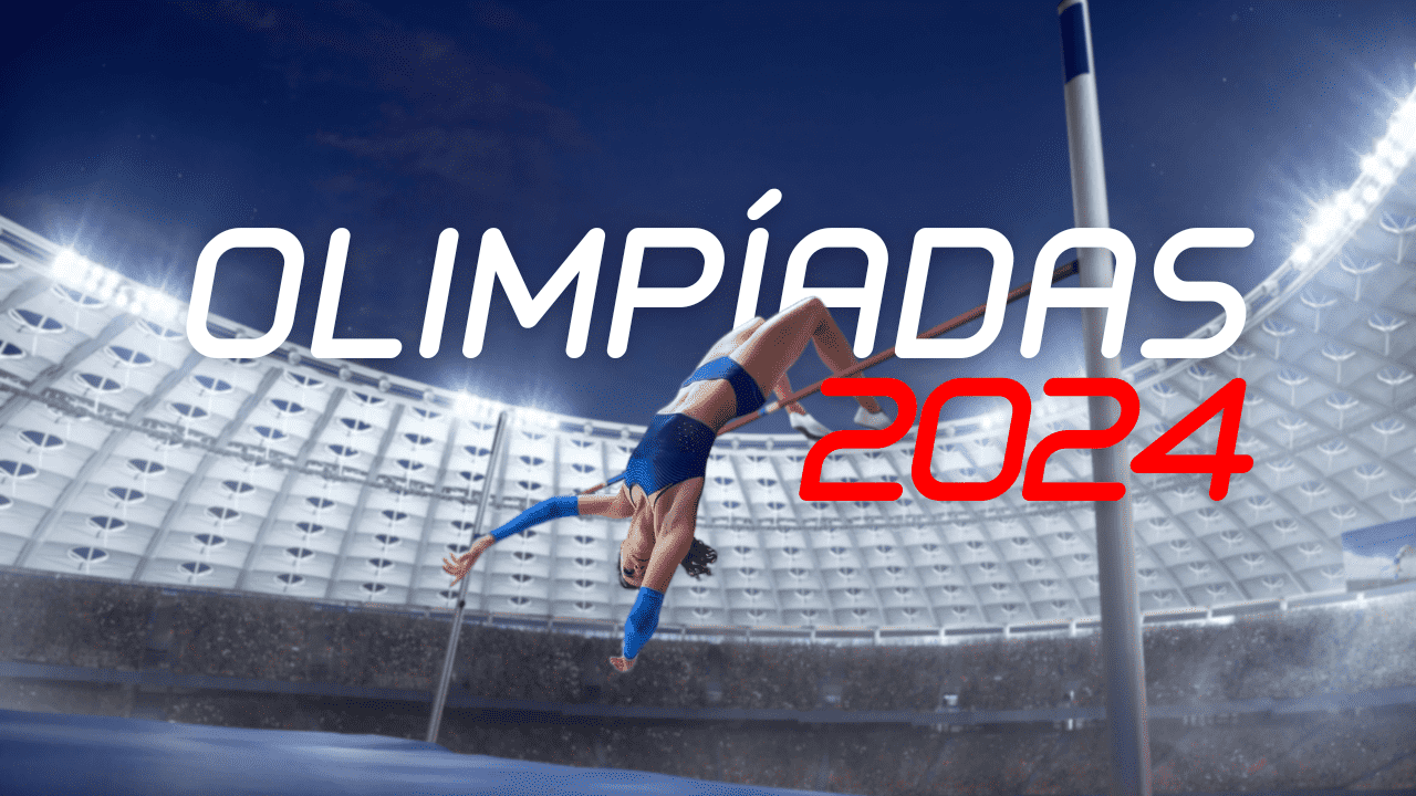 Foto de ginasta pulando a barra, com o texto "olimpíadas 2024" atrás de si