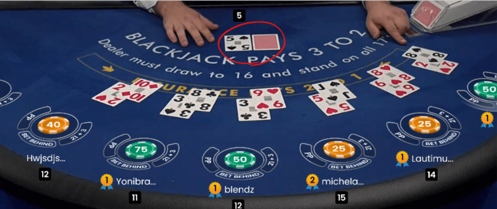 Imagem da mesa de jogo blackjack, com cartas distribuídas na mesa para os jogadores e pra banca, exemplificando o que é o blackjack. 