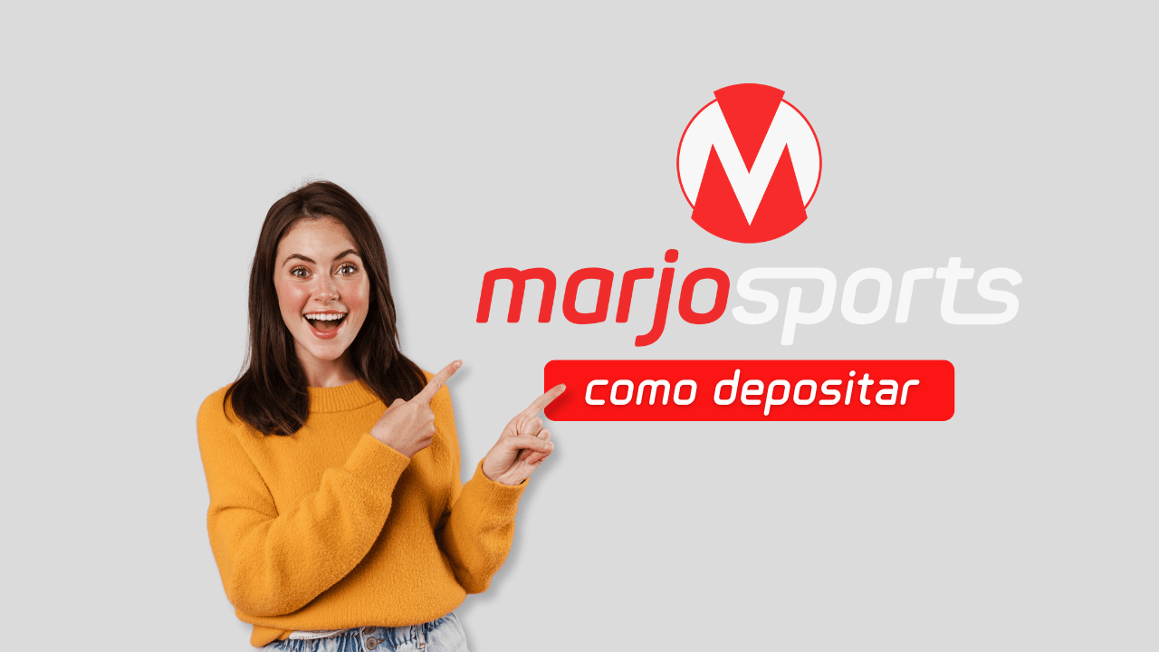 Mulher sorringo apontando para logomarca MarjoSports e com legenda "como depositar"