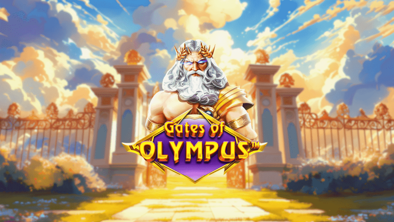 Logotipo do jogo "Gates of olympus" em frente a imagem de um portão semelhante a de um palácio dourado desfocado ao fundo