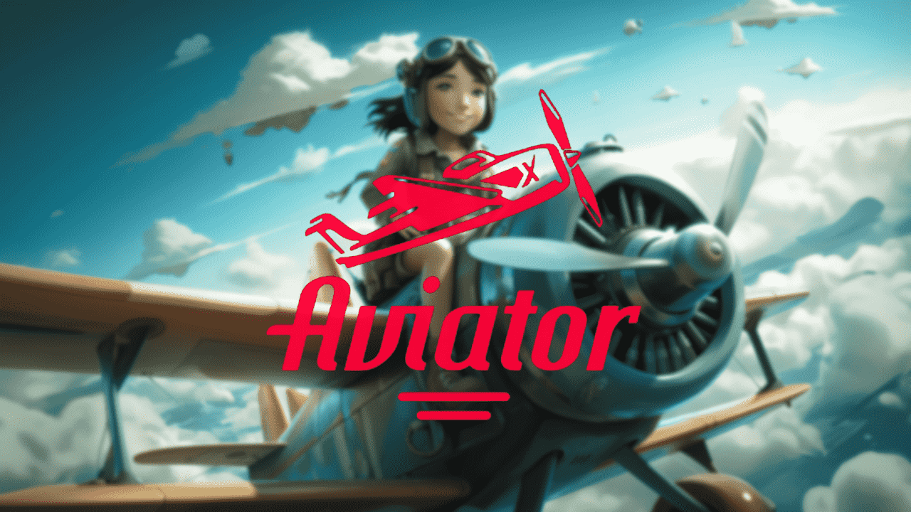 Imagem desfocada de um desenho em 3D de uma menina pilotando um avião nas alturas, atrás da logomarca e nome do jogo Aviator, fazendo referência a como jogar o jogo do aviãozinho