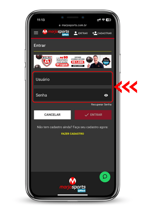 site de casa de apostas em versão mobile na tela do celular na sessão de login