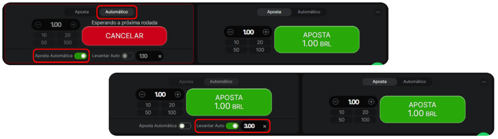 Tela da barra de configuração de jogo automático do Aviator