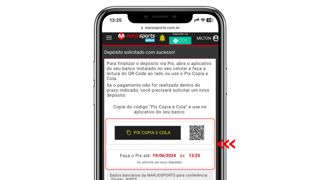 tela de celular mostrando passo a passo para depositar