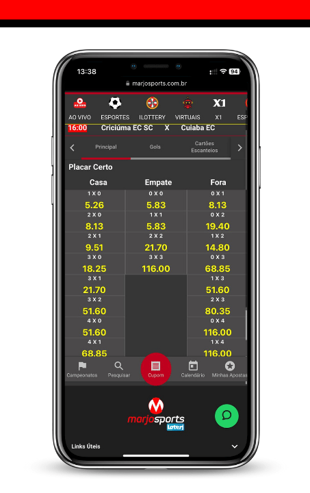 Tela de celular exibindo o painel de jogos de uma casa de apostas com os principais tipos de apostas no futebol em categorias