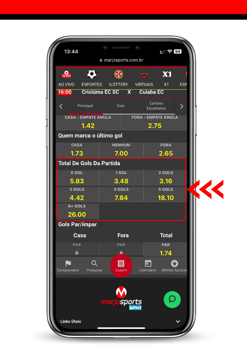 Tela de celular exibindo o painel de jogos de uma casa de apostas com os principais tipos de apostas no futebol em categorias