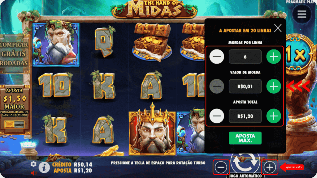 imagem do painel de jogo hand of midas explicando como jogar 