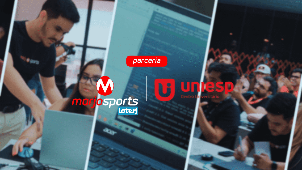 imagens de alunos da area de tecnologia da informação participando da hackathon atrás da logomarca MarjoSports & UNIESP